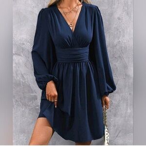NEW Chic Ruched Waist Lantern Sleeve Dress Navy Blue